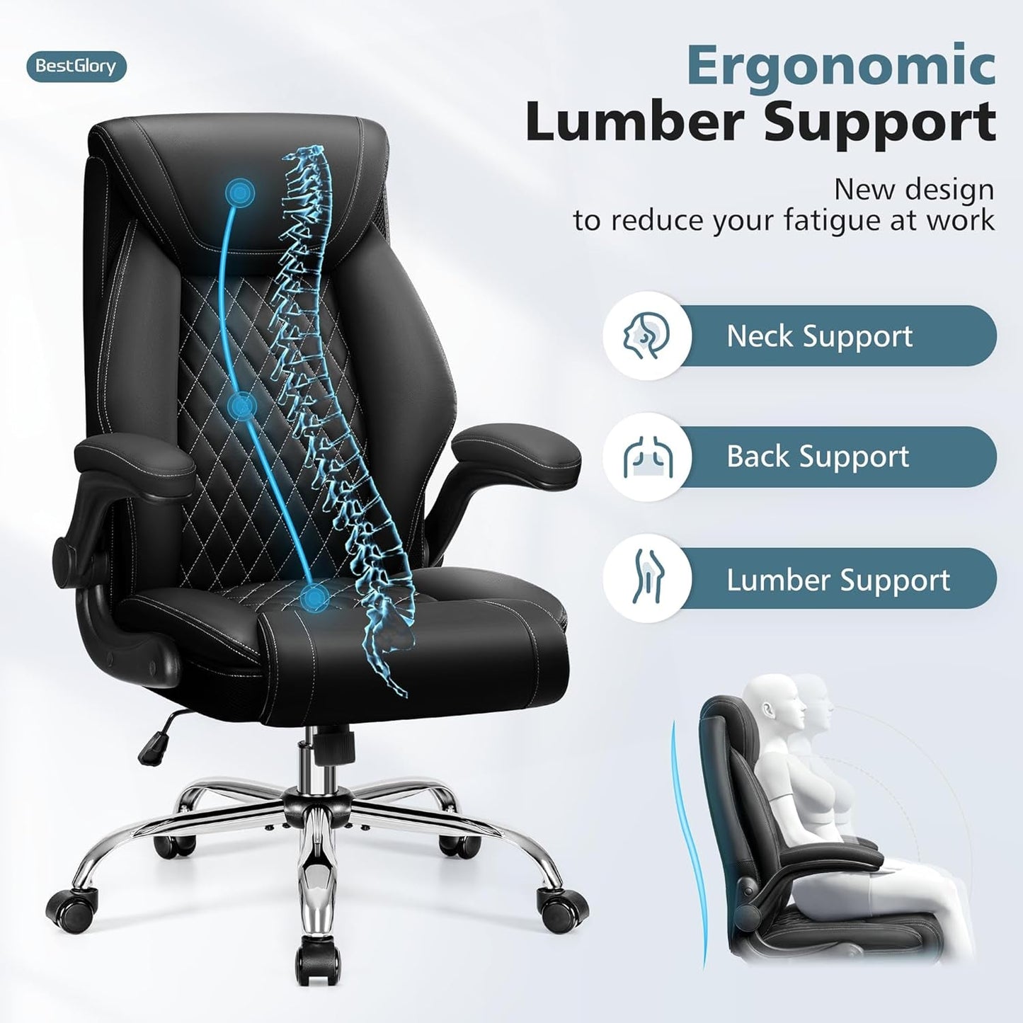 Office Chair, Ergonomic High Back Home Office Desk Chair, Big and Tall Breathable Leather Office Chair with Lumbar Support Flip-Up Armrests, Computer Chair with Rocking Function-2