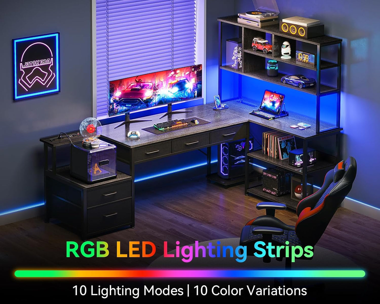 79 Inch L Shaped Desk with File Drawers, Reversible L Shaped Gaming Desk with Power Outlets & LED Lights, Computer Desk with Storage Shelves for Home Office, Grey Oak-2