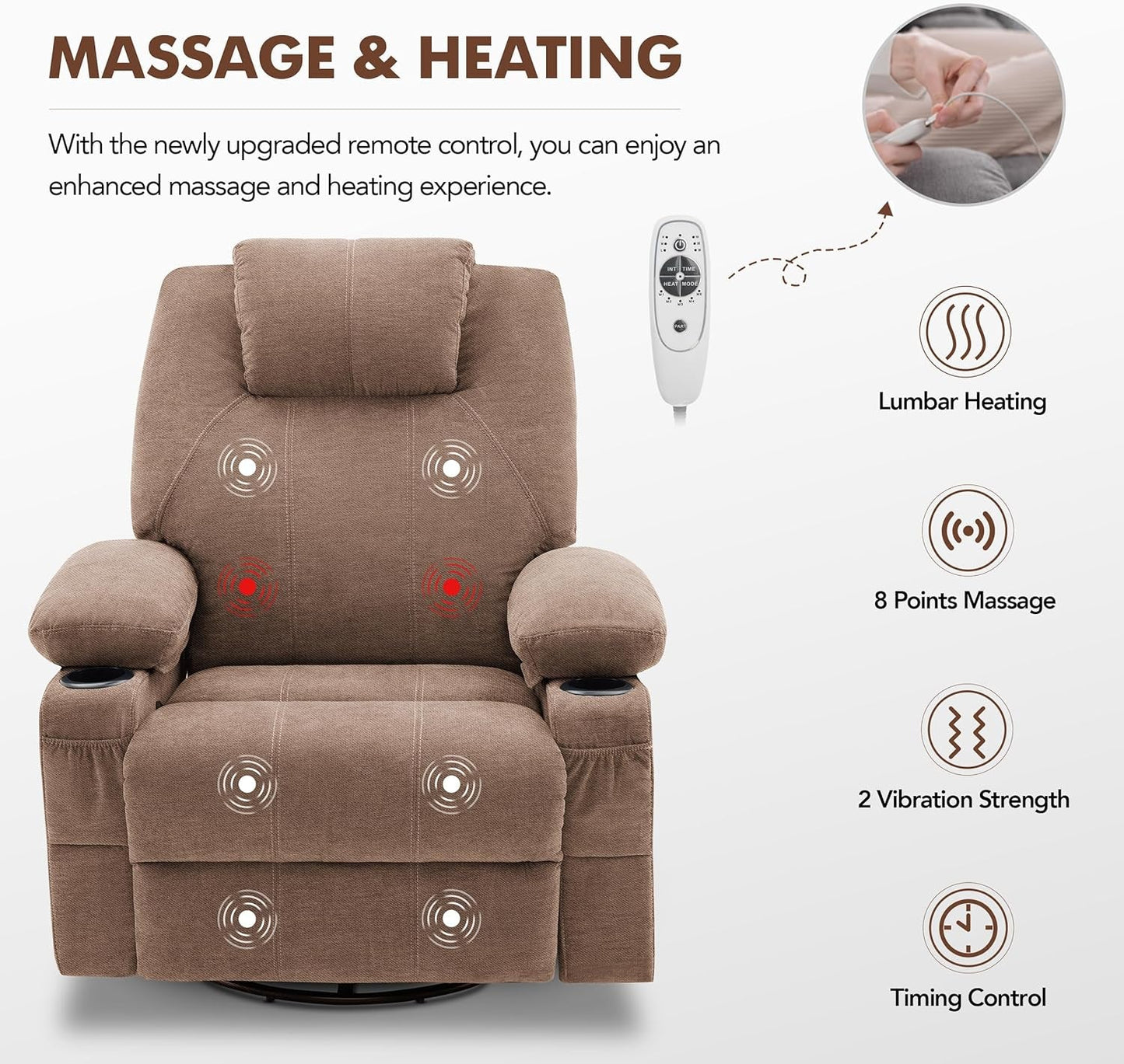 Oversized Swivel Rocker Recliner Chair with Heat and Massage, 360 Degree Swivel Rocking Single Sofa with Cup Holders and USB Port, Big Large Recliner Chair for Living Room (Fabric, Brown)-4