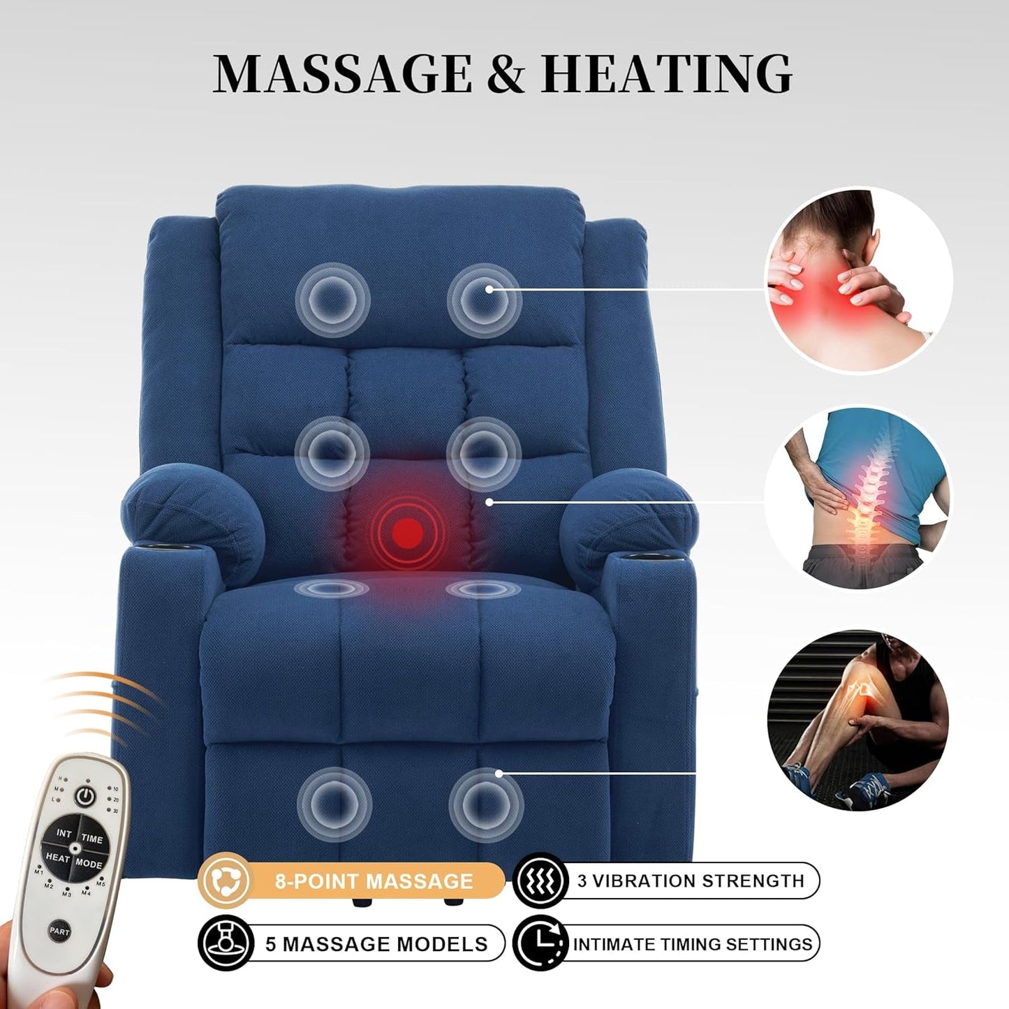 Power Lift Chair Recliners for Elderly with Heat and Massage, Oversized Recliner Chairs for Adults, Upgraded Fabric Recliner with USB & Type-C Charge Port, Cup Holders, L9911(Blue)-3