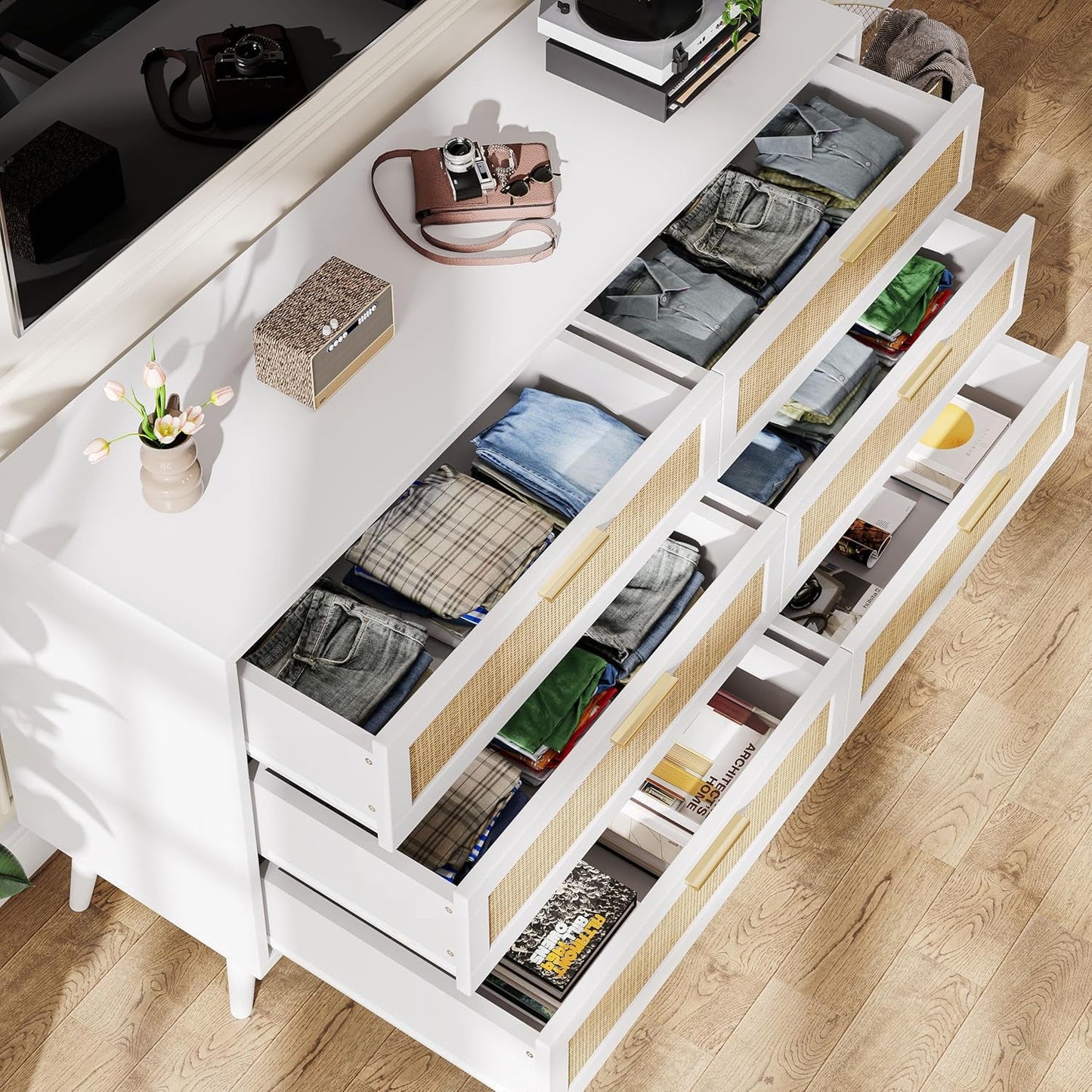 6 Drawer Double Dresser for Bedroom, Rattan Chest of Dressers, Modern Wooden Dresser Chest with Golden Handles, beside Table for Closet, Living Room and Entryway, White and Natural-4