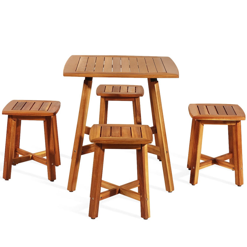 5 Pieces Wood Patio Dining Set with Square Table and 4 Stools-3