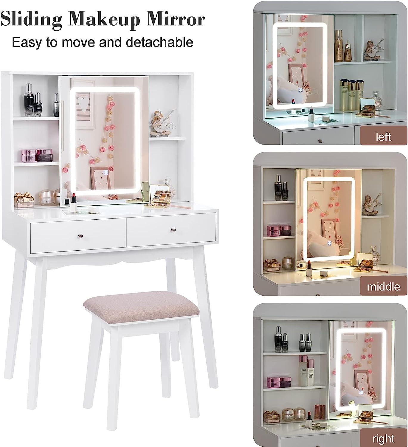 White Vanity Desk with Mirror, Lights, and Drawers-4