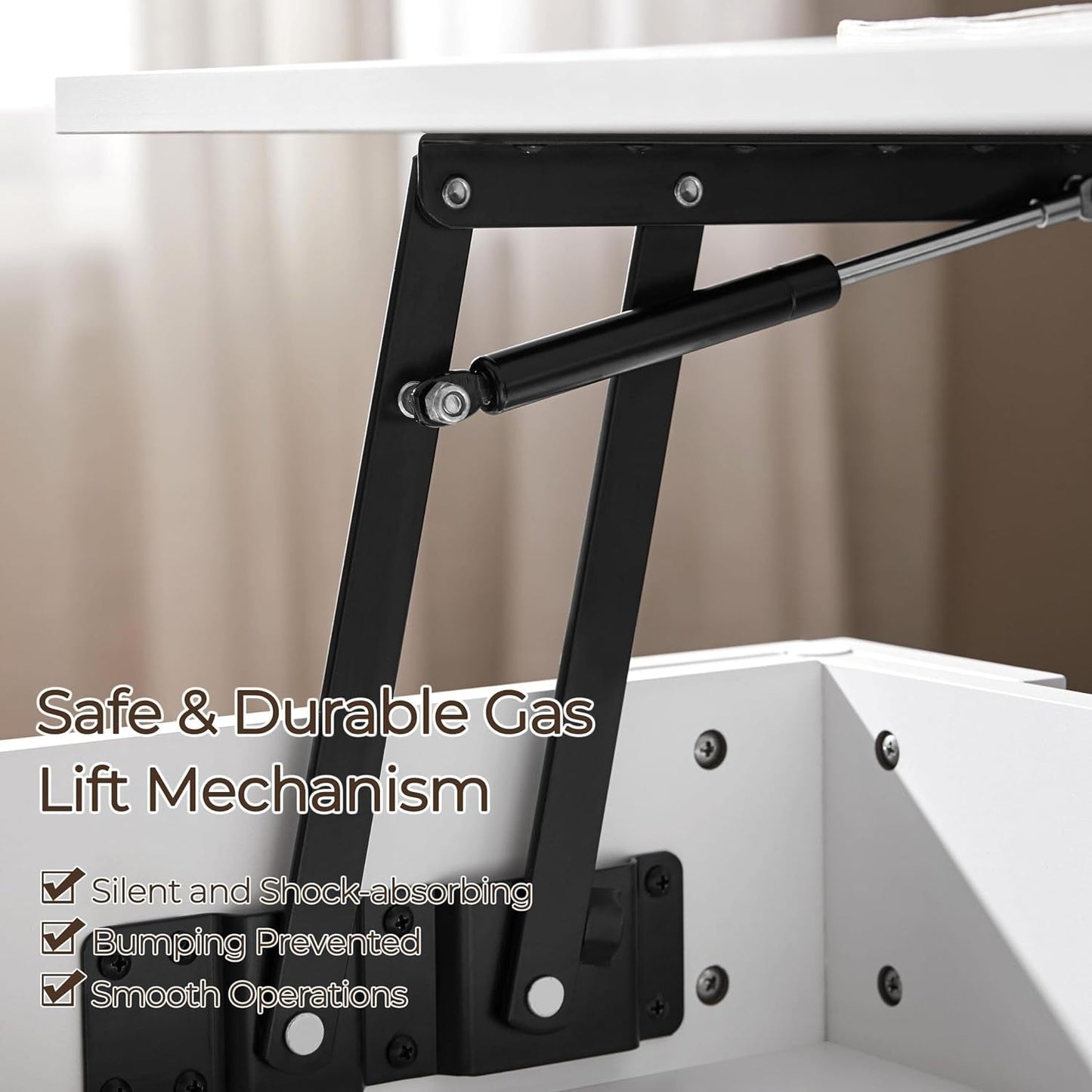 Lift Top Coffee Table with Hidden Compartment and Storage Shelf, Rising Tabletop Dining Table for Living Room Reception Room, 47.5In L, White-4