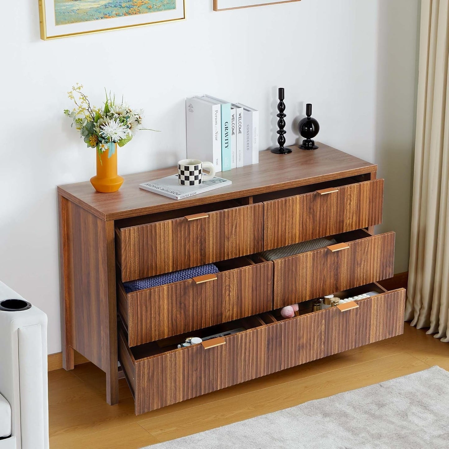 Fluted 6 Drawer Double Dresser for Bedroom, 47" Wide Modern Closet Dressers Chest of Drawers, Wood Storage Dresser Organizer for Nursery Bedroom Living Room Hallway Closet, Walnut-3