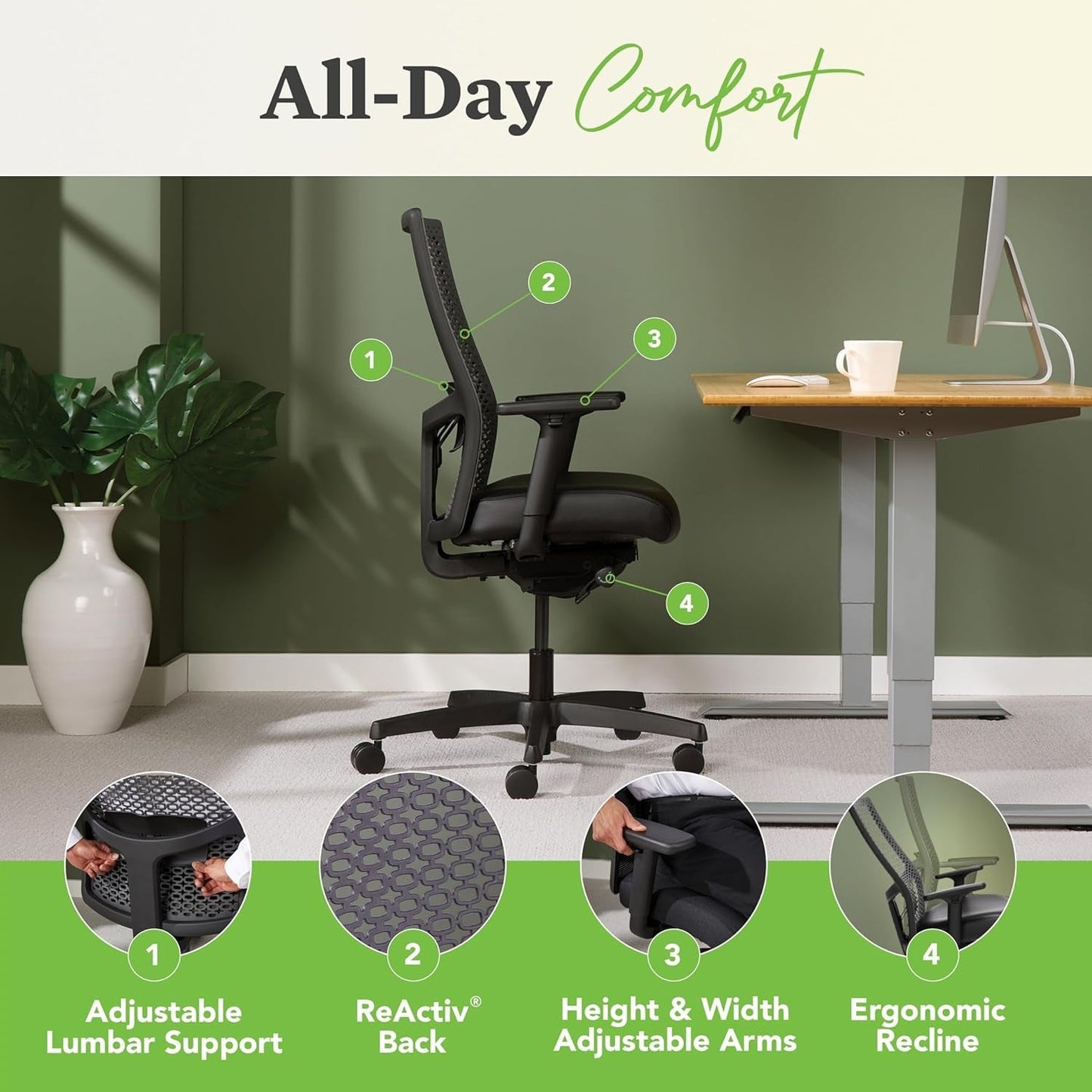 Ignition 2.0 Reactiv Ergonomic Office Chair with Lumbar Support, Breathable Flex-Back Adjustable Office Chair, Synchro-Tilt Recline, Swivel Wheels - Home Office Desk Chair for Back Pain - Blue-3