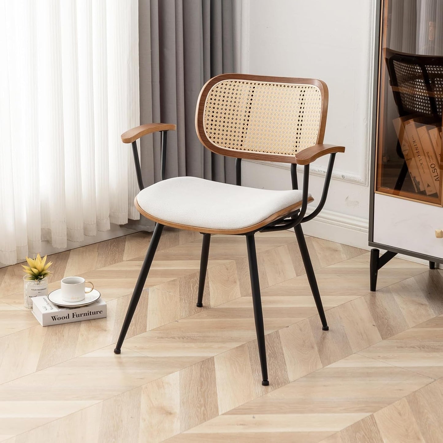Rattan Dining Room Chairs Set of 2,Mid Century Modern Kitchen Side Chairs, Metal Legs Desk Chairs,Linen Fabric Accent Chairs with Arms and Rattan Backrest,Beige Fabric-4