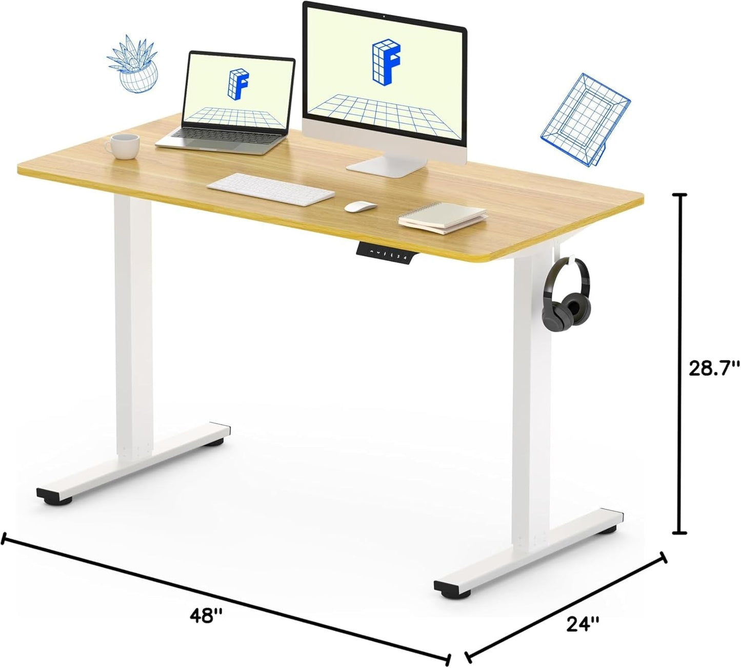 EN1 One Piece Standing Desk, 48 X 24 Inches Height Adjustable Desk Electric Stand up Desk Home Office Table for Computer Laptop (White Frame + Maple Desktop)-2