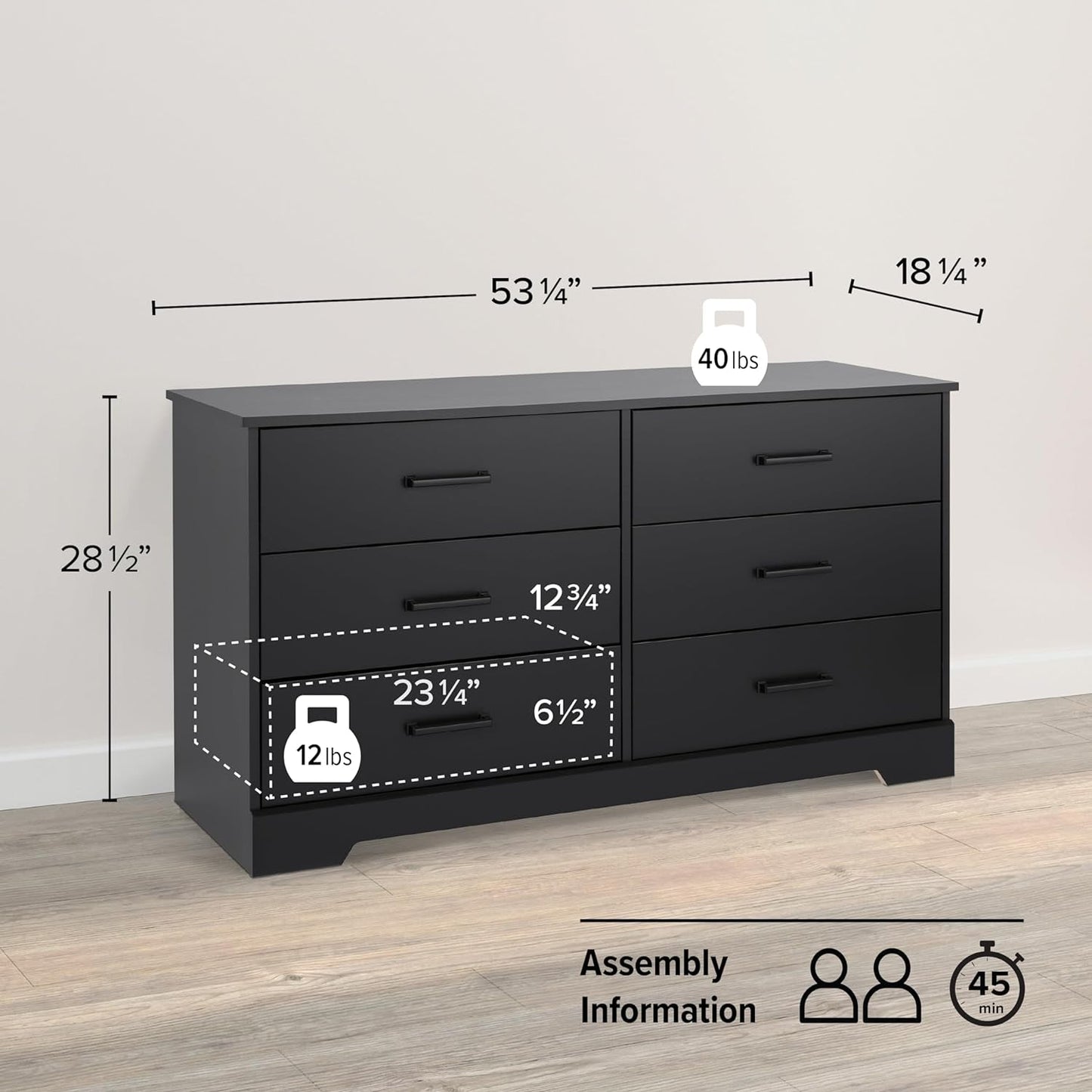 Rustic Ridge Farmhouse 6-Drawer Double Dresser, Black Dresser for Bedroom, Chest of Drawers with 6 Storage Drawers, 53.25” Wide X 18.25” Deep X 28.5” Tall, Black-2