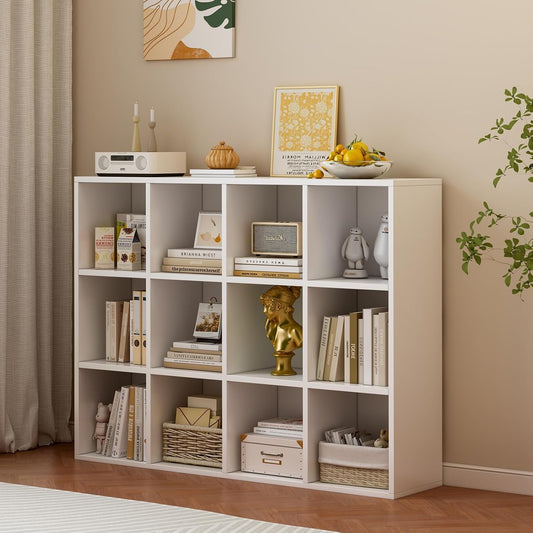 12-Cube Storage Shelf Bookcase - Wooden 3-Tier Floor Standing Open Bookshelf for Home and Office, Display Cabinet, Warm White-1