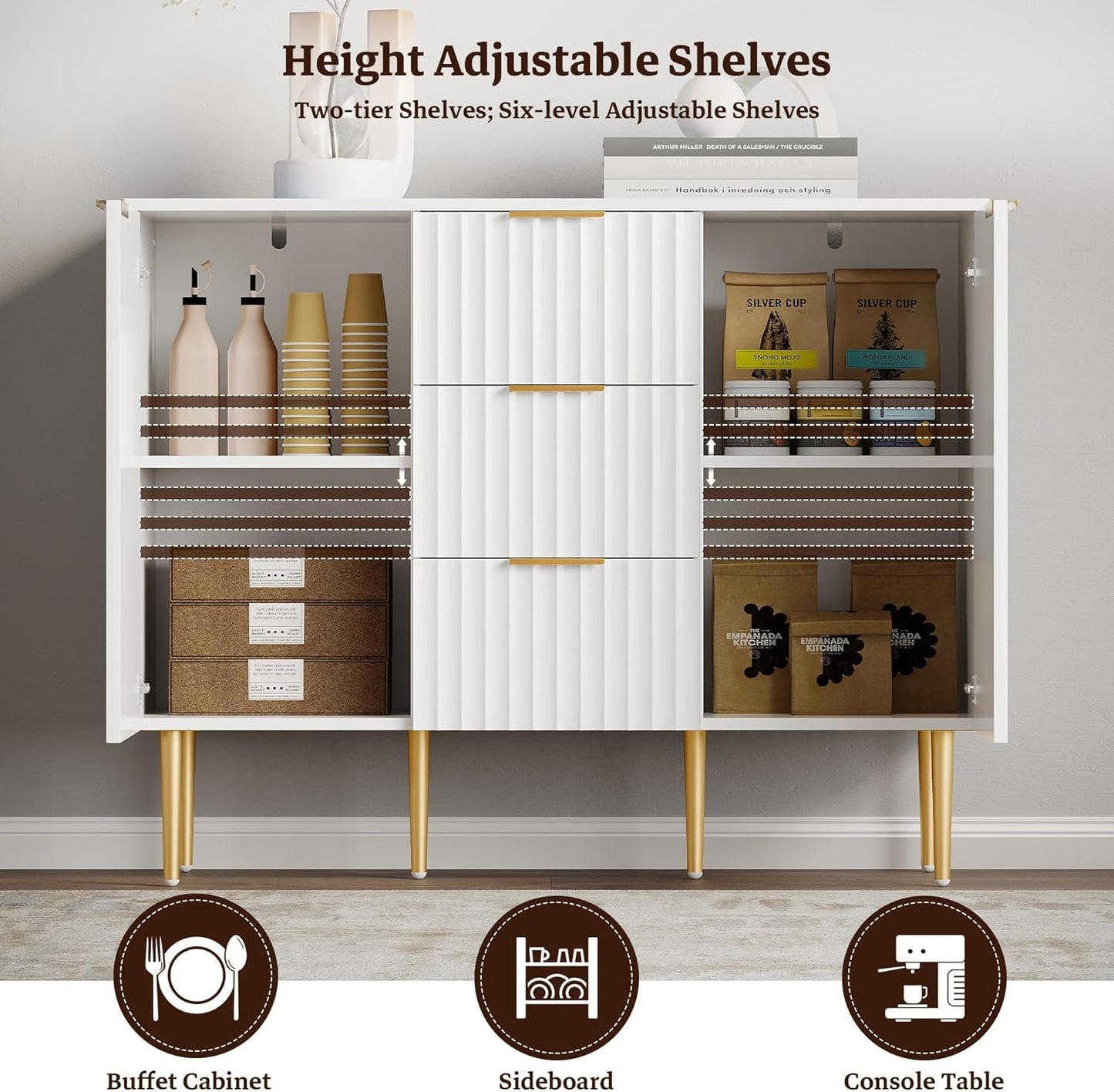 White Glossy Fluted Buffet Cabinet with 3 Drawers-4