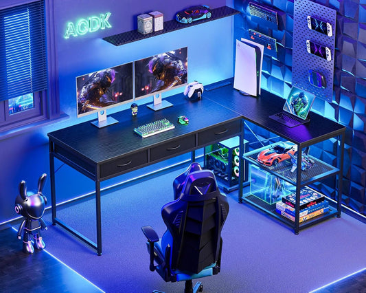 53 Inch L Shaped Computer Desk with Drawers, Corner Desk with Power Outlets & Reversible Storage Shelves, Movable CPU Stand for Home Office Gaming, Black-1