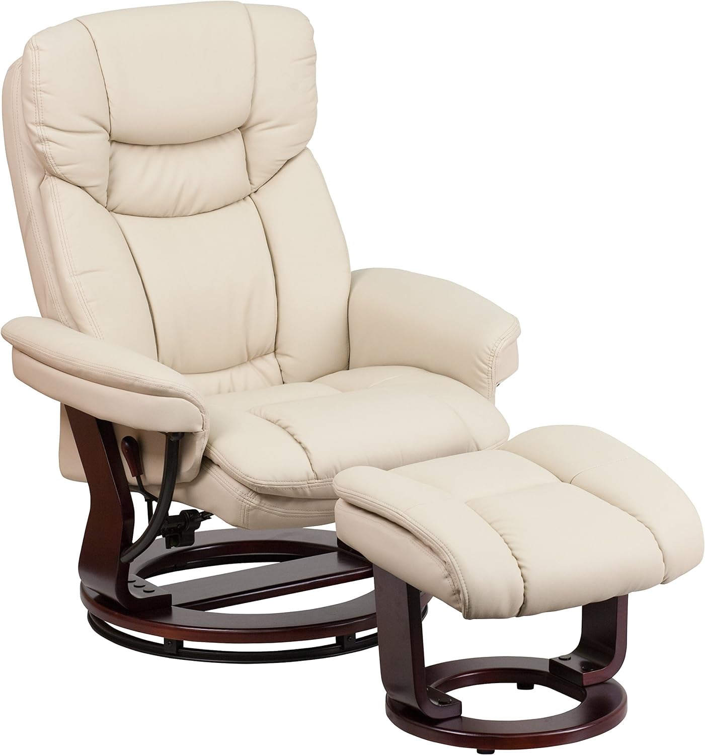 Allie Leathersoft Upholstered Recliner with Ottoman Footrest, Padded Swiveling Recliner Chair and Ottoman Set, Beige-0