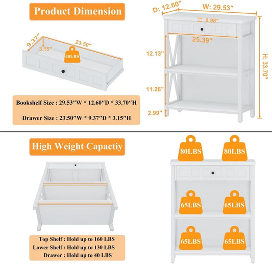 Small Bookcase with Drawer, Wood and Metal Bookshelf for Small Space, Short Book Shelf and Low Book Case for Living Room (White Oak)-1