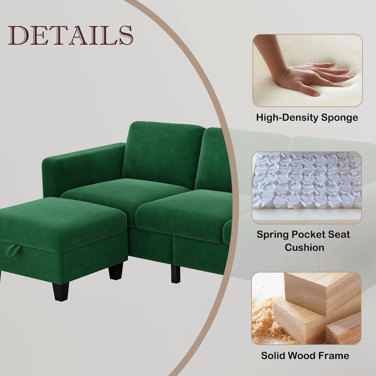 Sectional L-Shaped Sofa Couch, 78'' Modern Linen 3 Seat Couch with Storage Ottoman, Convertible Sectionals Sofas Chaise, Small Space Couches for Living Room, Bedroom, Apartment and Office (Green)-3
