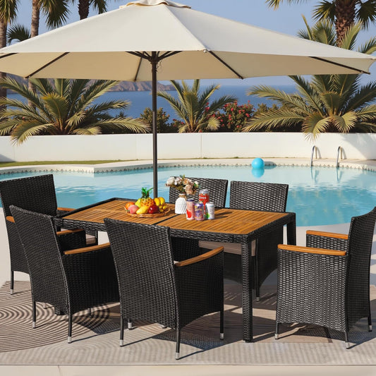 7 Pieces Outdoor Patio Dining Set, Conversation Sets with 1 Table and 6 Rattan Chairs with Curved Acacia Wooden Armrests and Cushions, Black-1