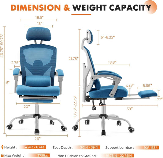 Office Computer Desk Chair, Ergonomic High-Back Mesh Rolling Work Swivel Chairs with Wheels, Comfortable Lumbar Support, Comfy Arms for Home, Bedroom, Study, Student, Blue-1