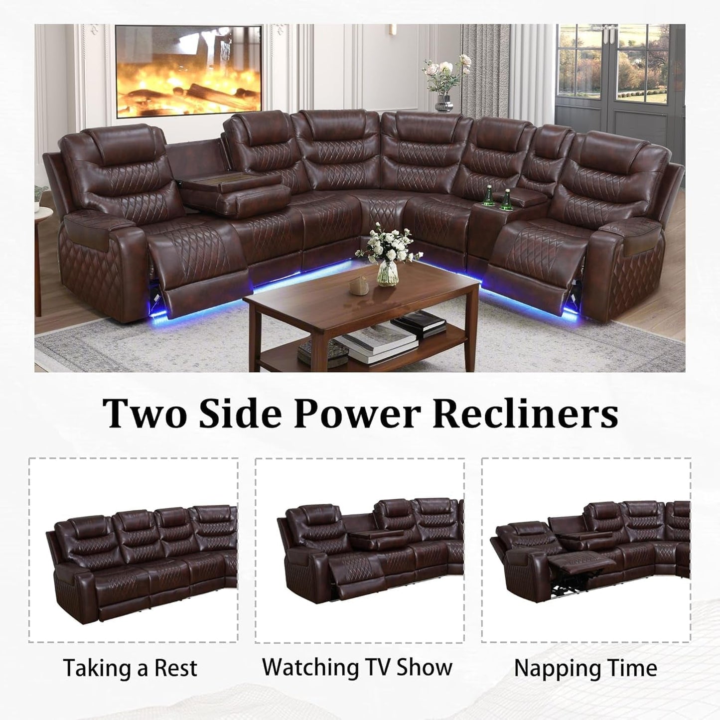6-Seat Power Recliner Sectional LED, Leather, USB-2