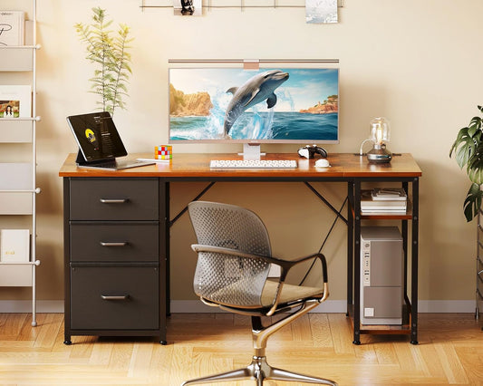 51 Inch Computer Desk with Fabric Drawers & USB Power Outlets, Reversible Home Office Desk with Storage Shelves, Work from Home, Modern Work/Writing/Study Table for Bedroom, Vintage-1