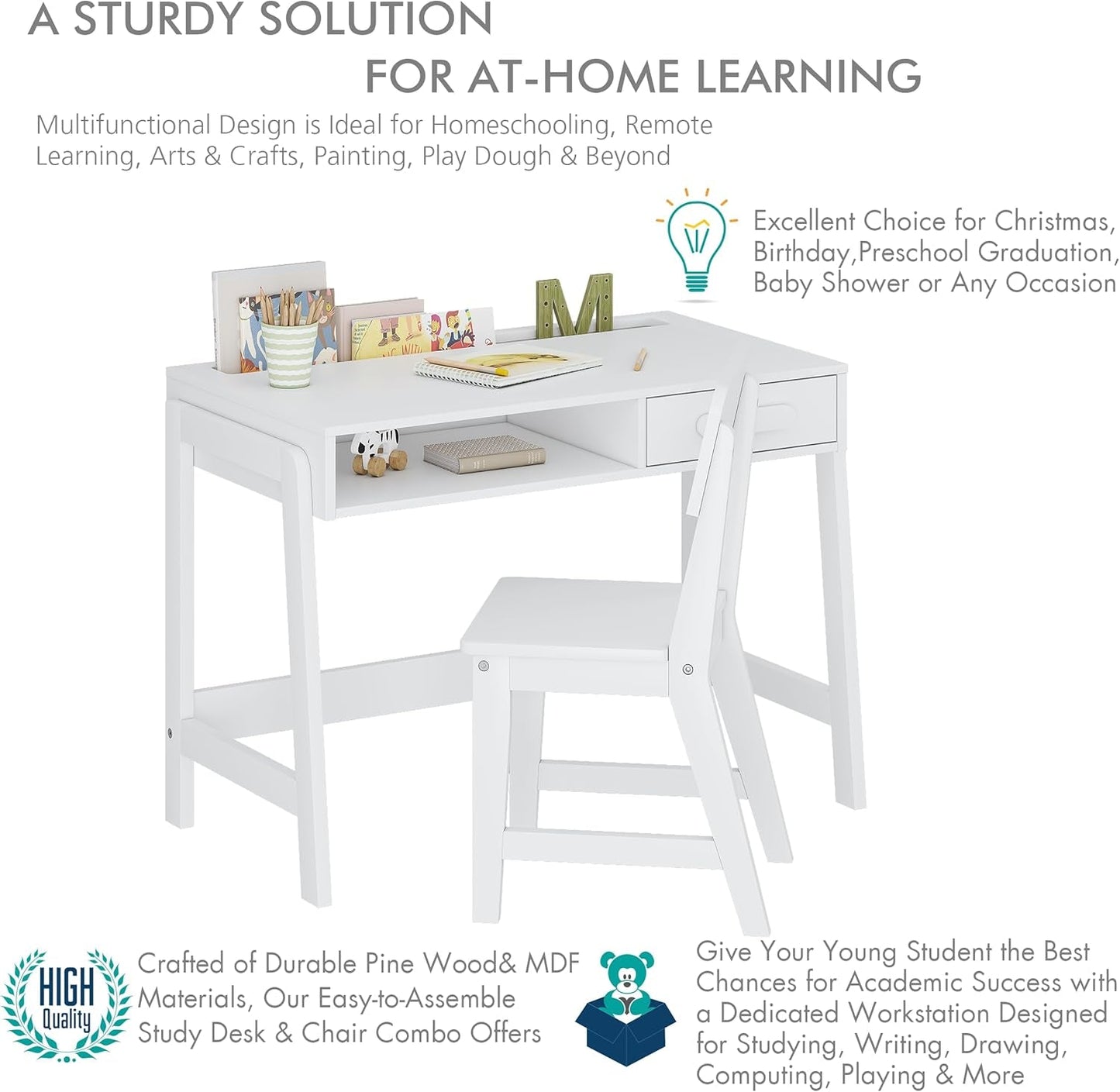Kids Desk and Chair Set, Study Desk for Kids with Drawers, Wooden Children Study Table, Student Writing Desk Computer Workstation for Bedroom & Study Room-4