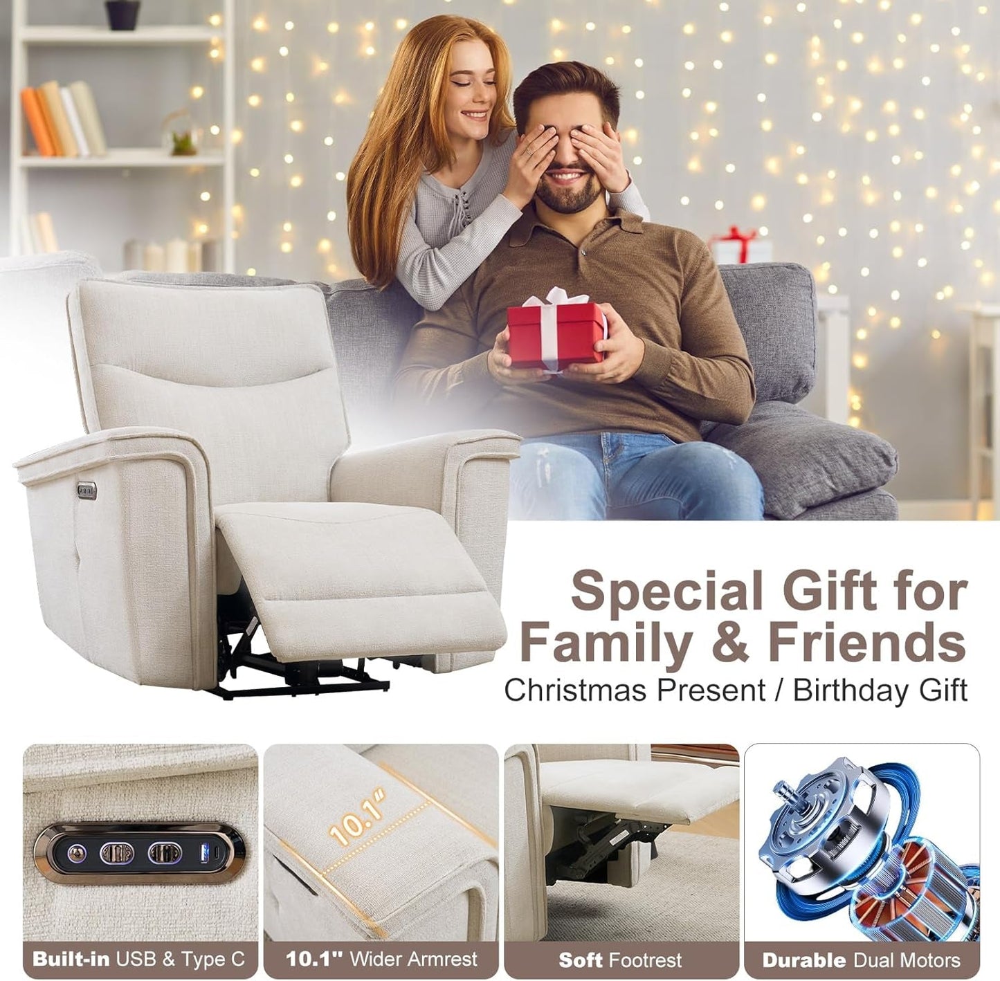 Oversized Power Recliner Chair with Massage and Heat, Upgraded Chenille 44'' Extra Wide Recliner Chairs for Adults with Power Headrest, Electric Recliner for Living Room, Beige-4