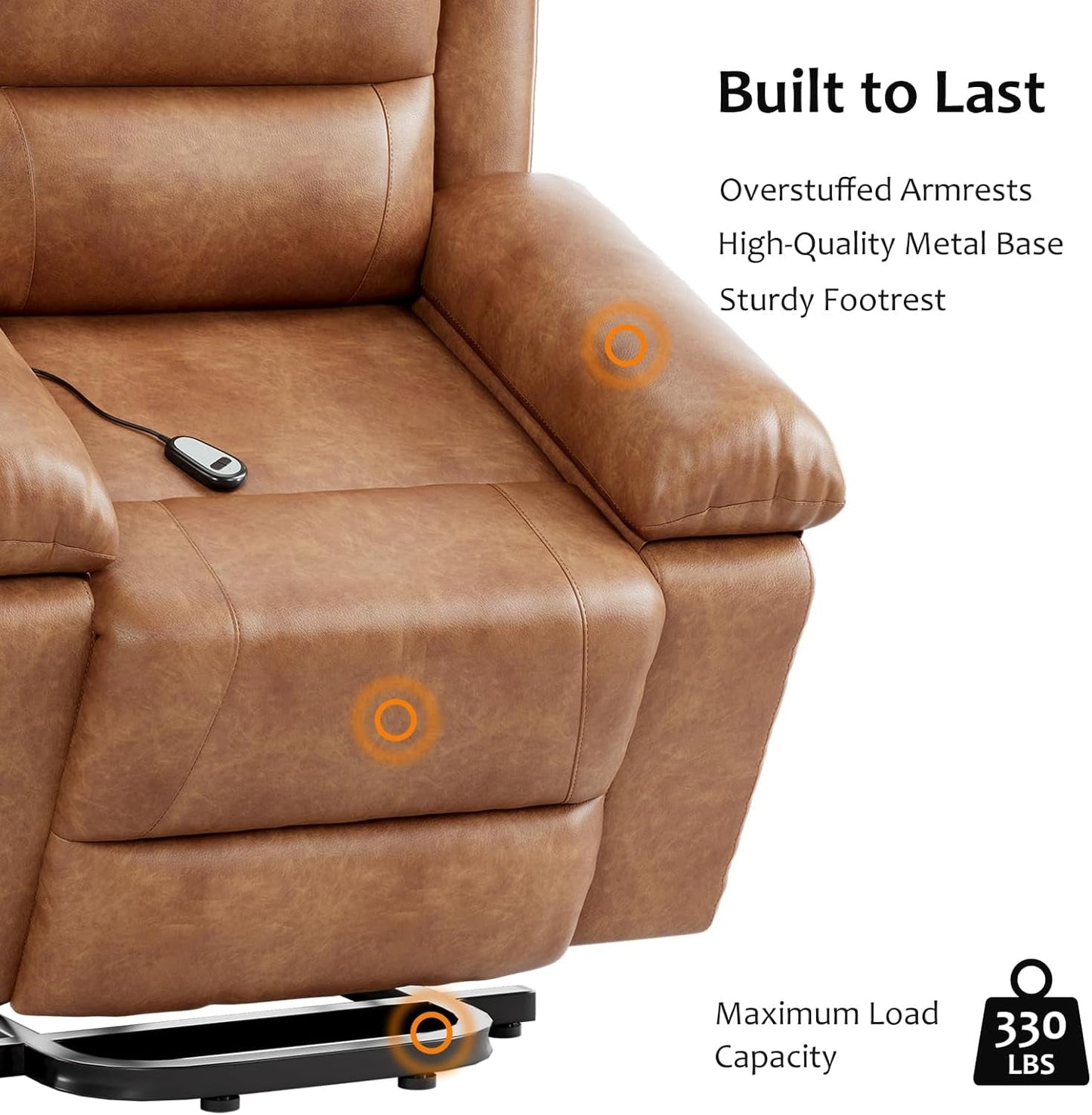 Oversized Faux Leather Power Lift Recliner W/Massage and Heat for Elderly, Recliner Chairs with Pockets for Living Room (Cognac, Large)-4