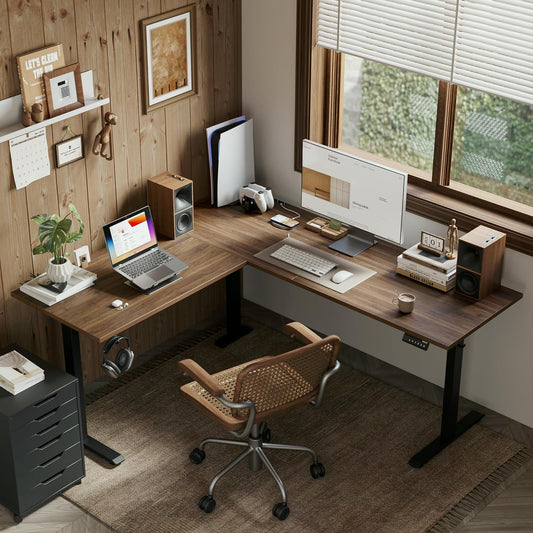 L Shaped Standing Desk Adjustable Height, Electric Corner Standing Desk, 63 X 55 Inch Sit Stand Computer Table with Splice Board, Dark Wlalnut-1