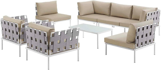 Harmony 8-Piece Aluminum Outdoor Patio Furniture Sectional Sofa Set with Cushions in White Beige-1