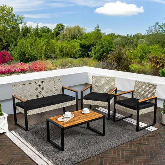 LVG1102C-4SET Wilder 4-Piece Modern Coastal Faux Wicker Conversation Outdoor Patio Set Industrial, Farmhouse, Mid-Century, Classic, Contemporary, Minimalist, White Wash/Black/Natural-1