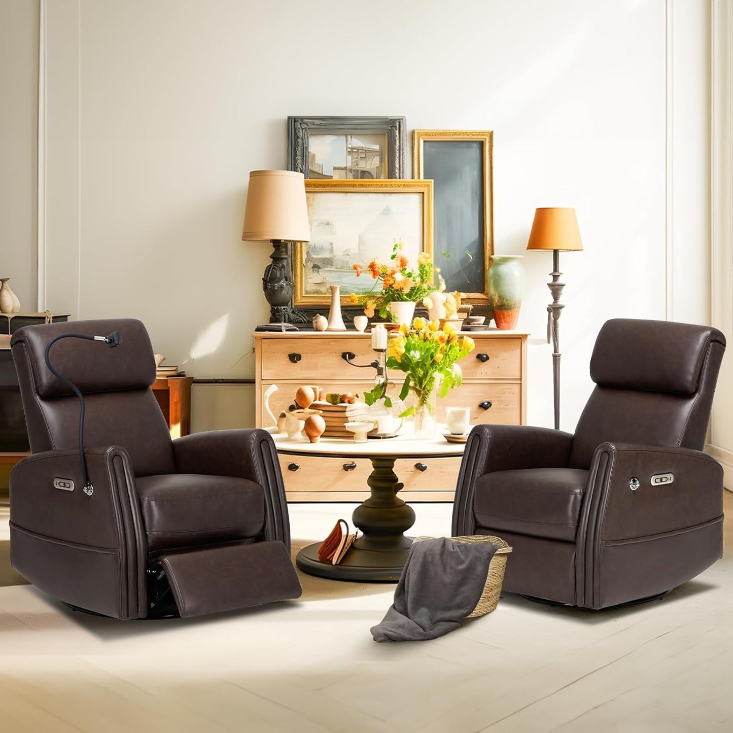Power Recliner Chair Swivel Glider Rocker for Nursery, Upholstered Faux Leather Living Room Rocking Reclining Single Sofa Chair with 2 Device Holders, Chocolate-2