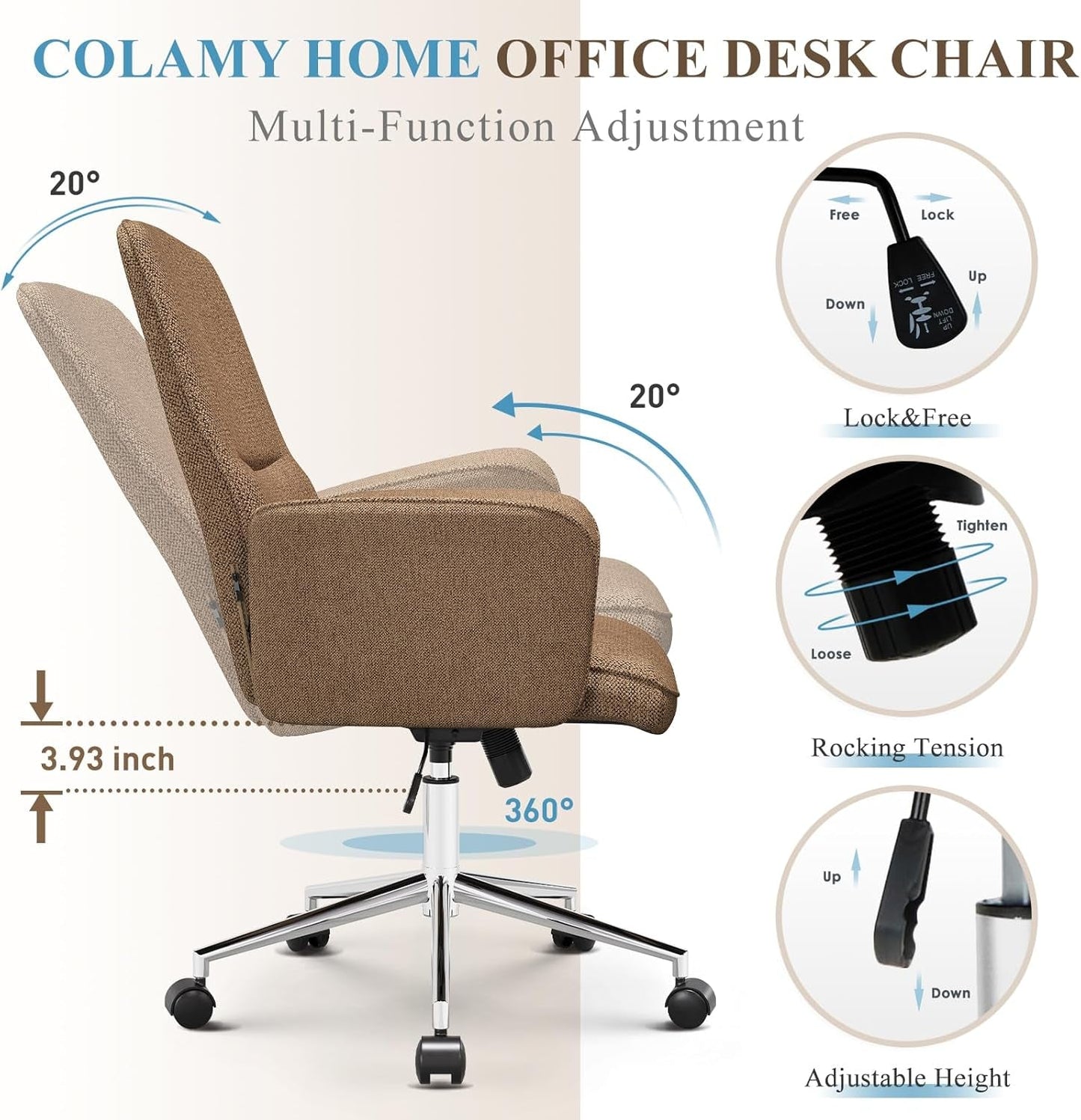 Comfy Office Desk Chair, Upholstered Fabric Computer Desk Chair, Criss Cross Chair with Wheels and Armrests, Swivel Adjustable Vanity Chair for Home, Makeup, Office, Bedroom, Camel-4
