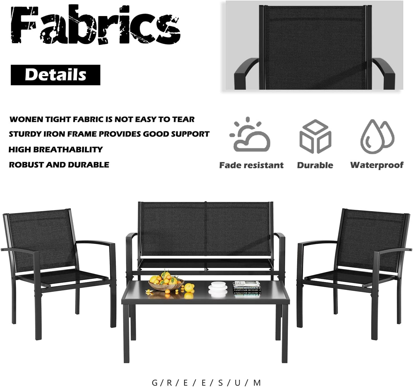 4 Pieces Patio Furniture Set, Outdoor Conversation Sets for Patio, Lawn, Garden, Poolside with a Glass Coffee Table, Black-4