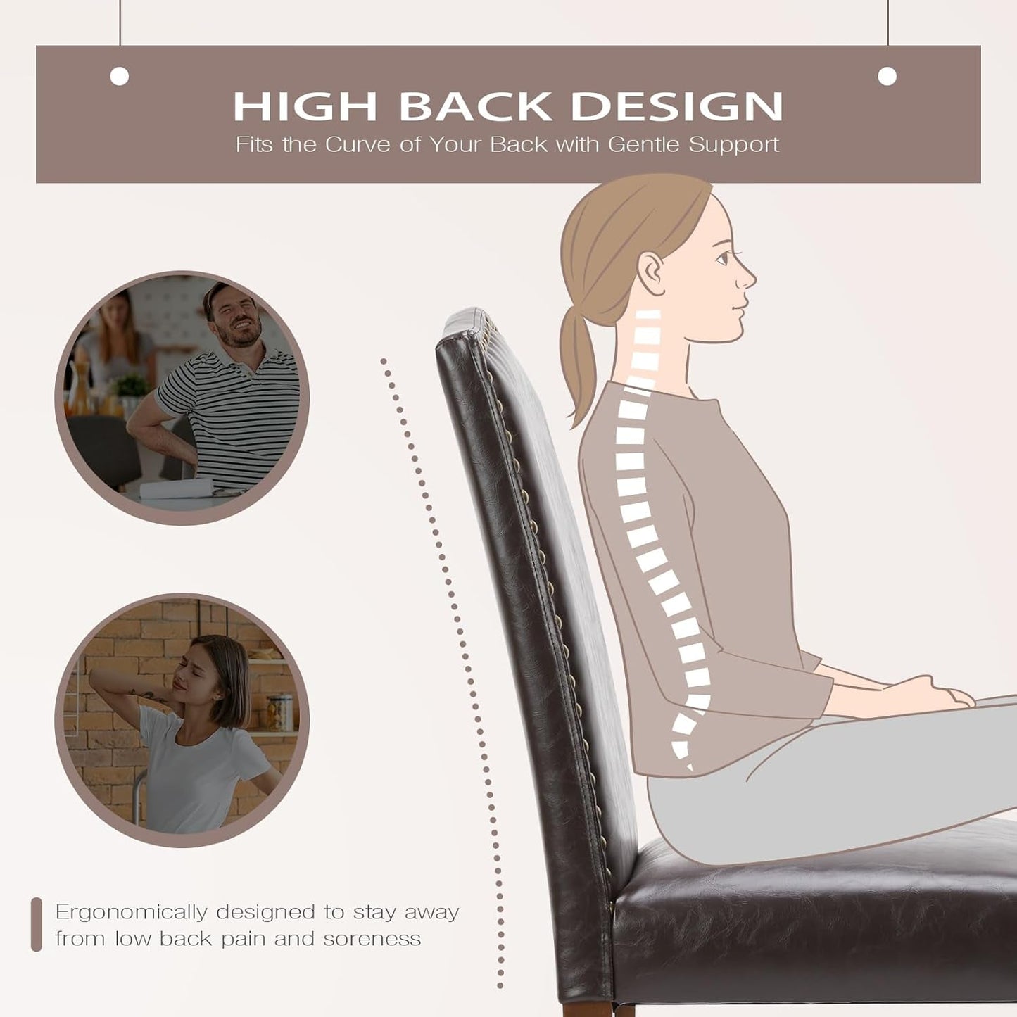 Upholstered Dining Chairs Set of 6, Modern Upholstered Leather Dining Room Chair with Nailhead Trim and Wood Legs, Mid-Century Accent Dinner Chair for Living Room, Kitchen, Dark Brown-4