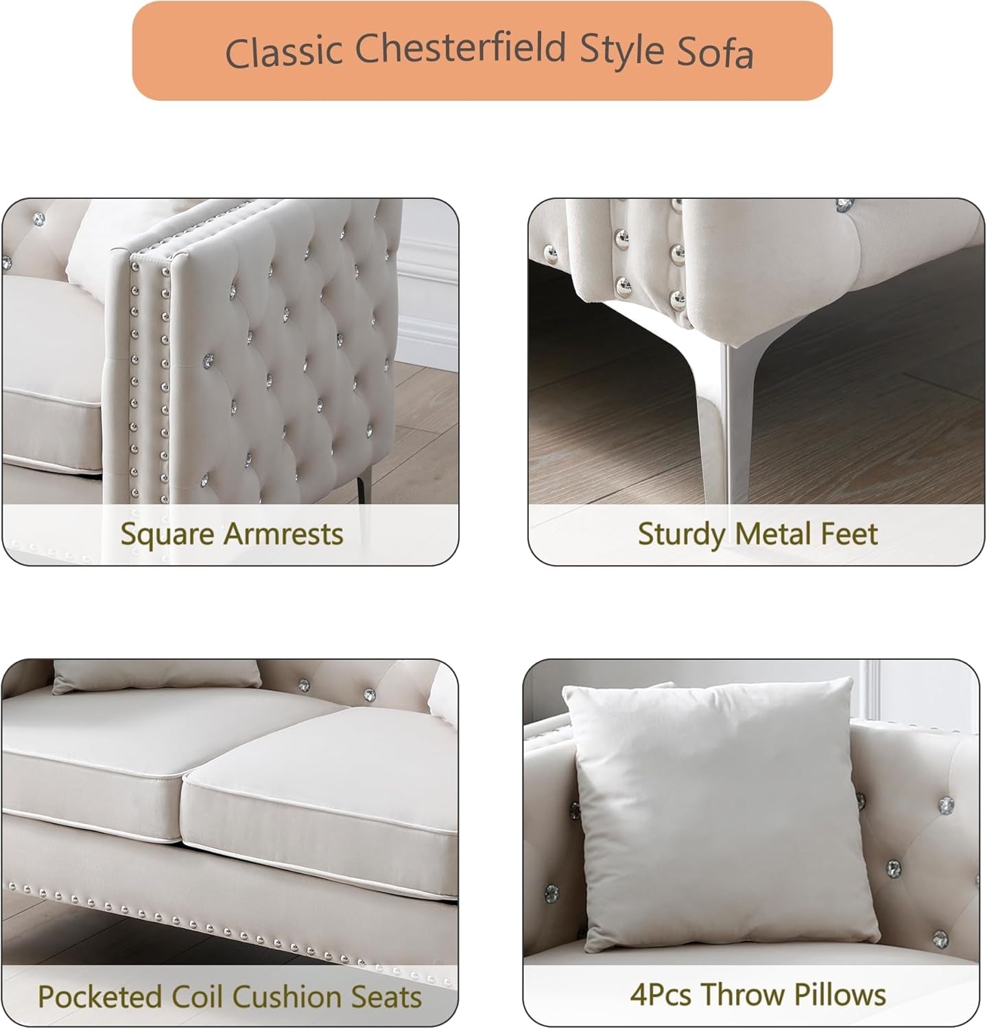 Velvet Upholstered Three-Seater Sofa, 82.3'' Wide Beige Velvet 3-Seat Sofa with Jeweled Buttons, Square Arm, Two Pillows Included for Living Room, Office-3
