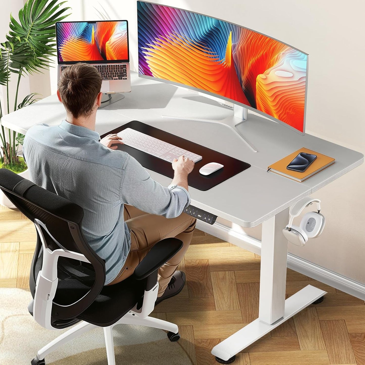 47.2 Inch Electric Standing Desk, Height Adjustable Sit Stand Up, Wood Desktop, Work Home Office Computer PC Desks, Gaming Writing Study Bedroom Rising Table, Tall Standup Workstation, White-0