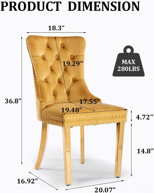 Velvet Dining Chair Set of 2, Upholstered Tufted Dining Room Chair with Nailhead Trim and Stainless Steel Gold Plated Leg for Kitchen, Gold-1