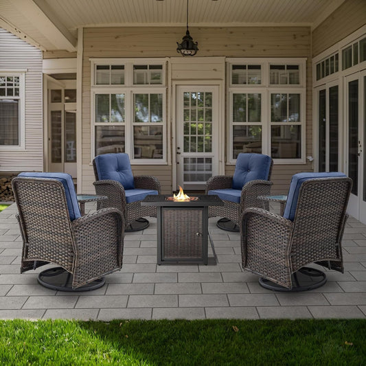7 Pieces Patio Furniture Set with Fire Pit Table - 4 Outdoor Swivel Rocker Chairs with 50000BTU Propane Fire Table and 2 Side Table, Outdoor Conversation Set for Casual Gathering-1