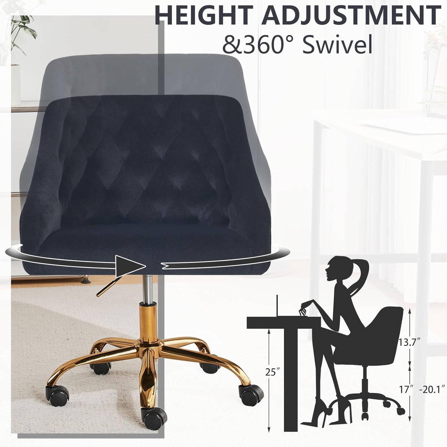 Velvet Office Swivel Chair, Vanity Chair, Fabric Desk Chair, Pretty Fancy Chair, Gold Office Chair for Girls, 360°Swivel Height Adjustable Reception Chair (Black)-1