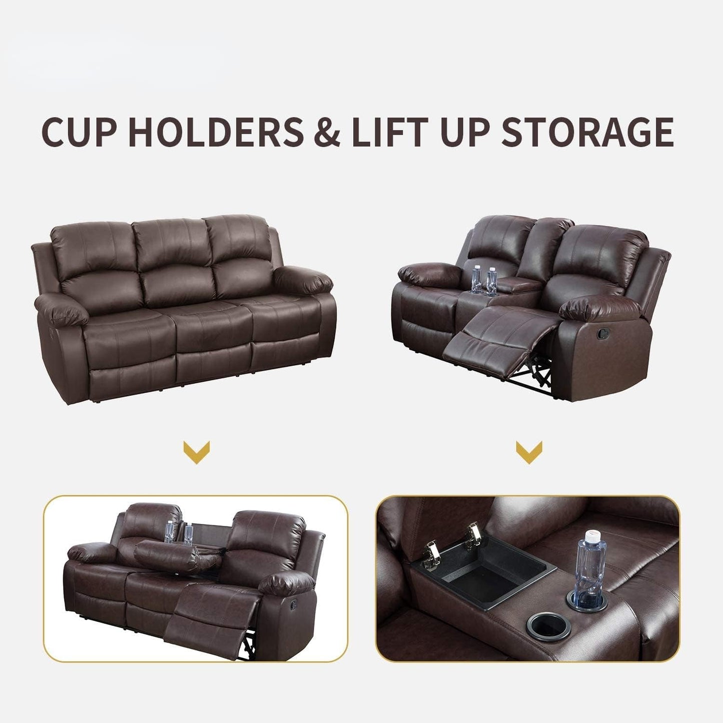 3 PCS Living Room Set, Faux Leather Recliner Sofa Set, Recliner Sofa Couch, Loveseat and Chair (Espresso)-4