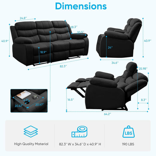 Recliner Sofa, 3-Seater Adjustable Living Room Sofa with Flip Middle Backrest, Home Theater Seating Couch, Modern Convertible Couch with Drop down Table & Dual Cup Holders, Dark Grey-1