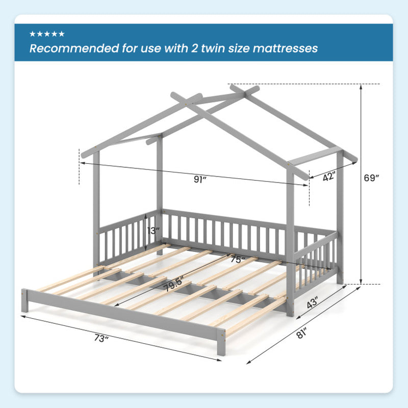 Extendable House Bed Twin to King Daybed with Roof and Fence Rails-3