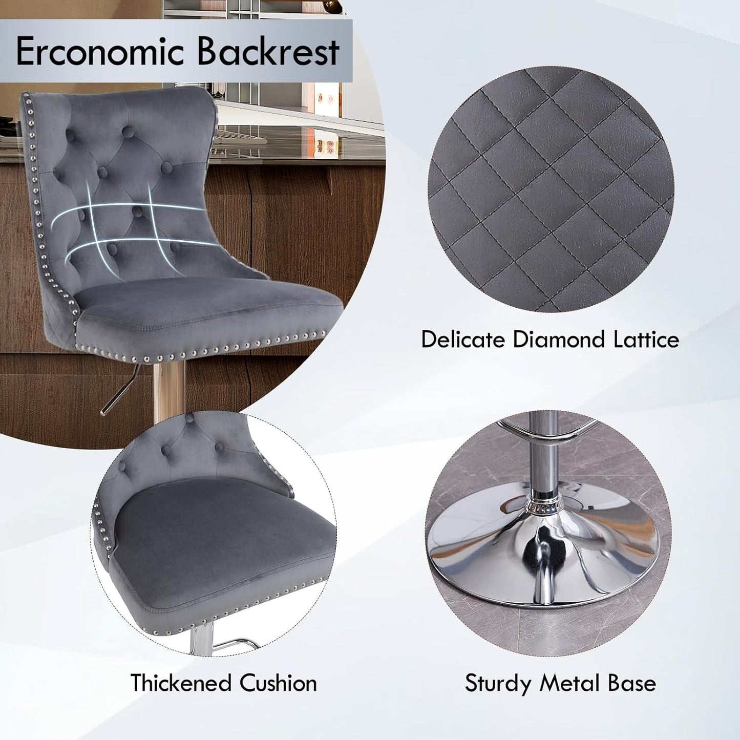 Velvet Adjustable Swivel Bar Stools Set of 4, High Tufted Back Modern Counter Height Stools Chrome Footrest/Lion Pull Ring/Rivet Trim/Diamond Pattern Kitchen Dining Pub Bar Chairs, Dark Grey-4