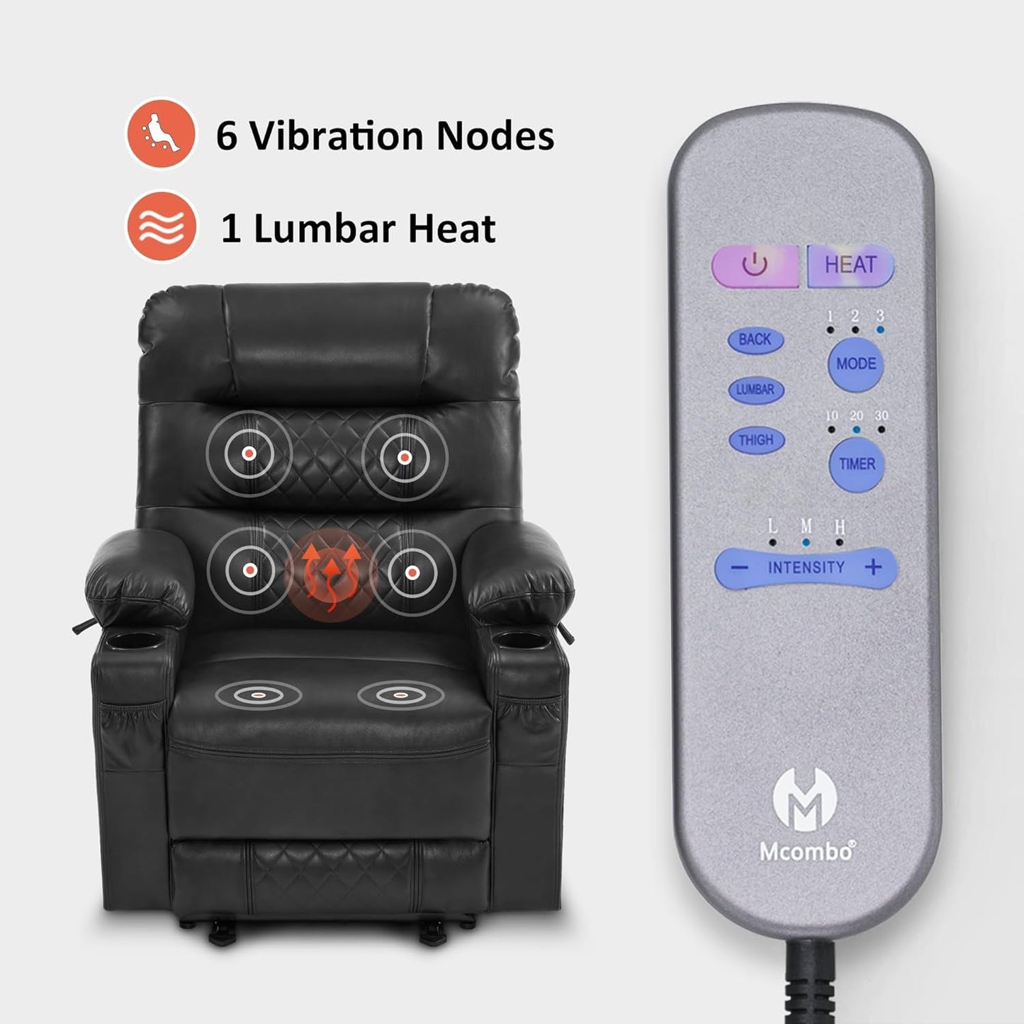 Power Recliner Chair, Electric Reclining with Heat and Vibration for Adult, Cup Holder, USB Port, Extended Footrest, Faux Leather, Living Room, PR621 (Black)-4