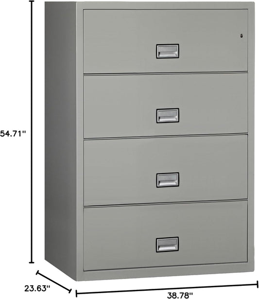 Lateral 38 Inch 4-Drawer Fireproof File Cabinet with Key Lock, Water Seal, Light Gray,-1