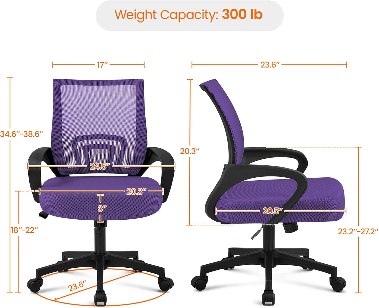 2Pcs Mesh Adjustable Desk Chairs, Ergonomic Executive Chairs with Lumbar Support for Back Pain Purple-2