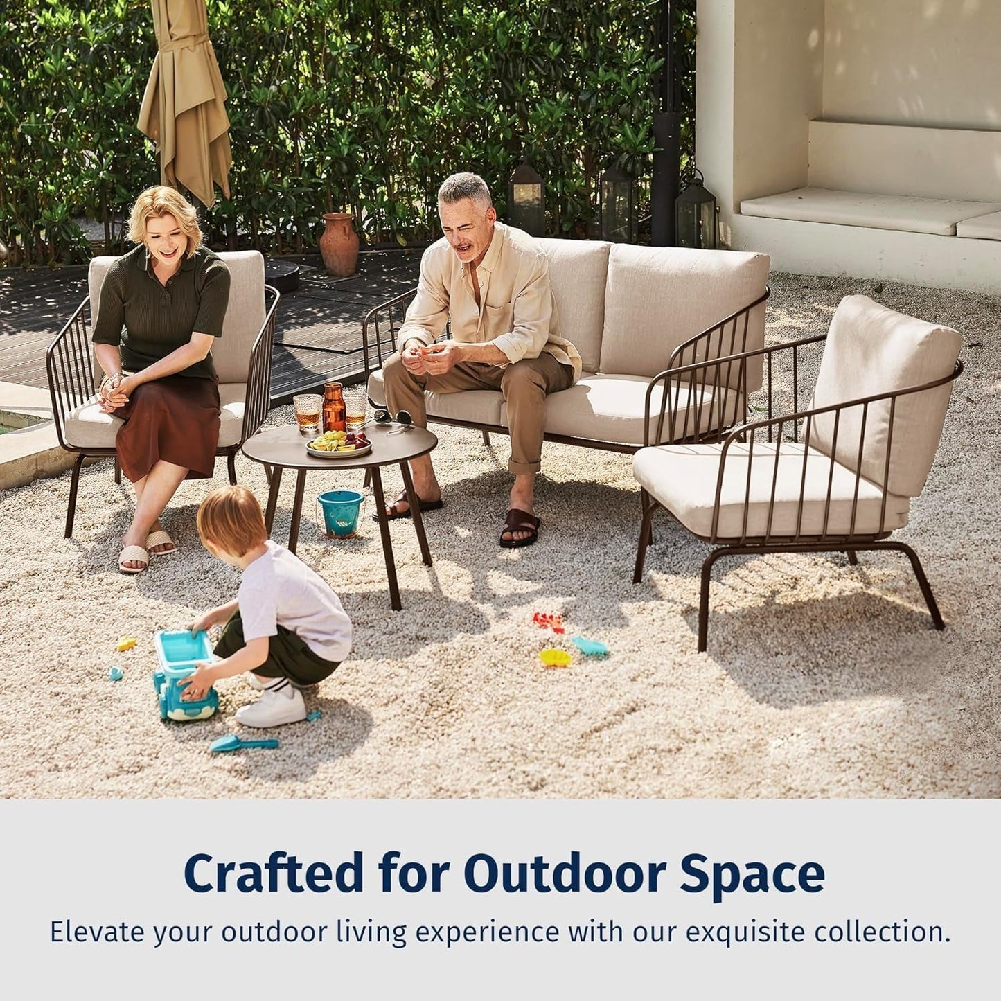4-Piece Plaza Patio Furniture Set, Outdoor Furniture with Thick Cushion Sofa and Coffee Table, Modern Patio Conversation Set for Garden, Backyard and Porch, Brown & Beige-1