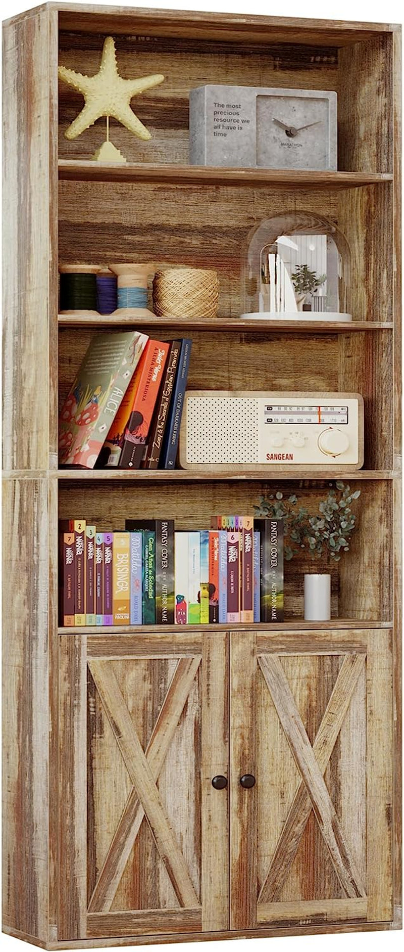 Industrial Bookshelves and Bookcases with Doors Floor Standing 6 Shelf Display Storage Shelves 70 in Tall Bookcase for Home Office, Living Room-0