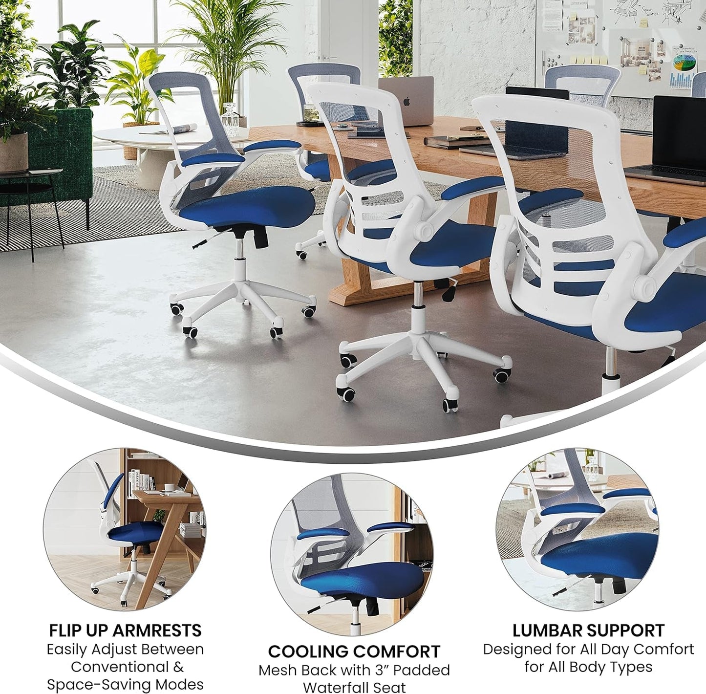 Kelista Office Chair, Ergonomic, Mid-Back, White Frame, Blue Mesh with Swivel-2