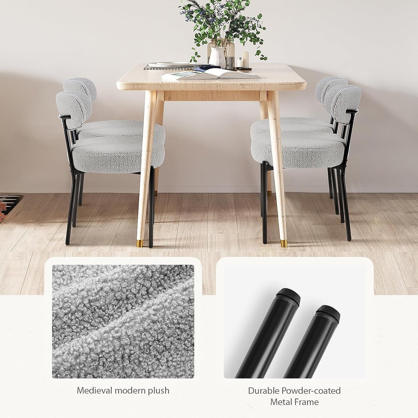 Dining Chairs Set of 4, Boucle Upholstered Kitchen Chairs with Curved Backrest & Metal Legs, Mid Century Modern round Dining Room Chairs for Vanity, Living Room - Grey-4