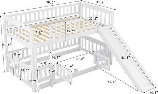 Bunk Bed Twin over Twin with Slide and Stairs, Twin Bunk Bed for Kids, Girls, Boys, Floor Bunk Bed with Fence and Door, White-1
